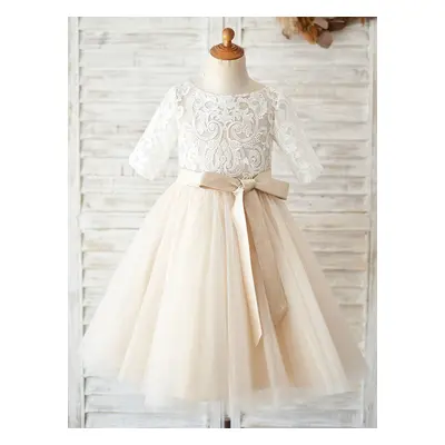 Robe fille de fleur champagne col rond manche courte en dentelle décoré de noeud jupe en tulle b