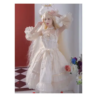 Sweet Lolita JSK Dress 3 Pièces Ensemble Blanc Sans Manches Lacets Nœuds Lolita Pull Jupes