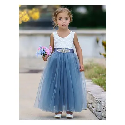 Robe de fille de fleur robe cortège enfant bleu col rond avec ceinture