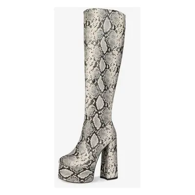 Bottes au genou Python bout rond imprimé serpent talon épais bottes au genou pour les femmes