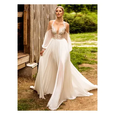 Robe de mariée Boho en dentelle fendue sur le devant coupe trapèze taille naturelle boutons fonc