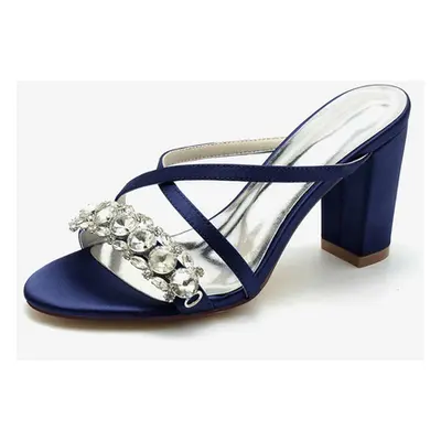 Sandales de mariée Deep Blue Satin Chic Sandales de mariage à bout ouvert et strass