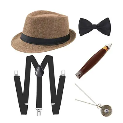 Années 1920 Hommes Gatsby Gangster Accessoires 5 Pièces Ensemble Panama Chapeau Jarretelles Noeu