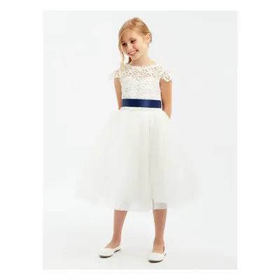 Robe cortège enfant Robe baptême fille col rond en dentelle nœud sur dos