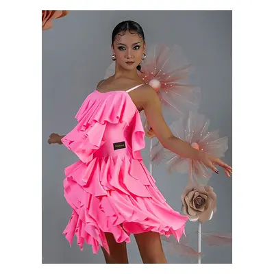 Costume de danse latine rose pour femmes ensemble superposé de volants robe élégante en Polyeste