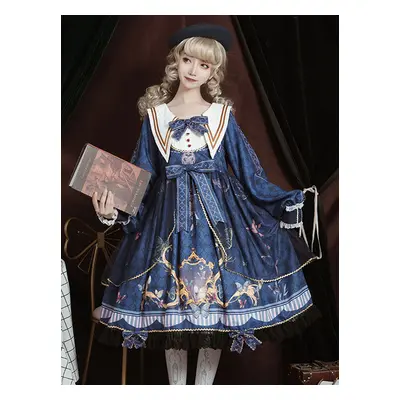 Robe académique Lolita OP bleu manches longues dentelle volante Douce Lolita robe Chic