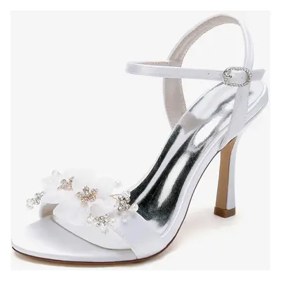 Sandales De Mariée En Satin Blanc Bout Ouvert Fleur Chaussures De Mariage