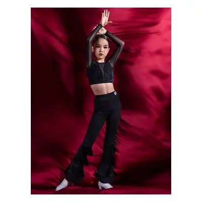 Costume de danse latine pantalon en Polyester noir pour fille haut vêtements de danse latine