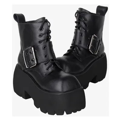 Bottes gothiques Lolita avec œillets blancs bout carré métallique chaussures Lolita en cuir PU