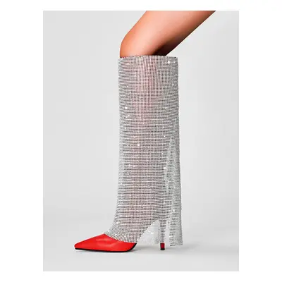 Bottes hautes de fête cuissardes femmes avec strass bottes à talons hauts rouges à bout pointu