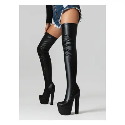 Femmes bottes sexy bout rond talon épais quotidien décontracté PU noir cuissardes bottes sur les