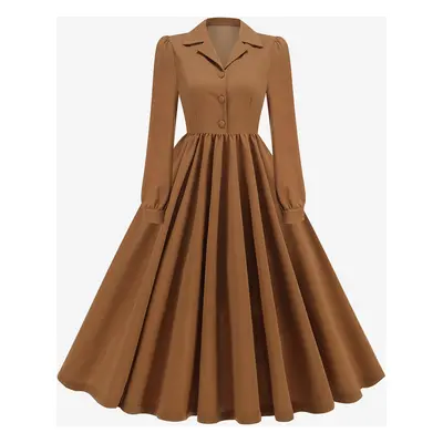 Robe Rétro Marron Vintage 1950 Style Hepburn Boutons Manches Longues Col Rabattu