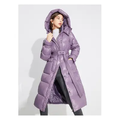 Doudoune à Capuche Violet Long Puffer Belted Winter Outerwear Pour Femme