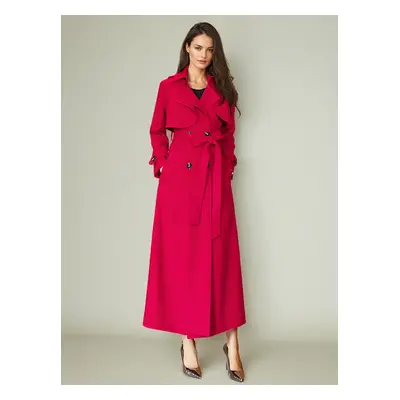 Trench-Coat Veste Longue Femme En Polyester Chic Col Rabattu Boutons Manches Longues Rouge