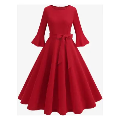 Robe rétro années 1950 style Hepburn col bijou ceinture manches 3/4 robe rockabilly rouge