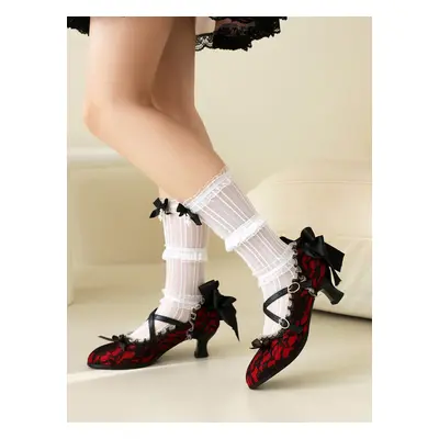 Chaussures Sweet Lolita Chaussures Lolita en dentelle rouge avec nœuds et bout rond