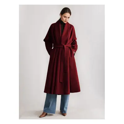 Manteau portefeuille en laine et cachemire mélangés bordeaux pour femme élégant à revers ceintur