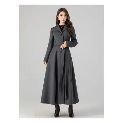 Manteau long évasé en laine gris ceinturé pour femme vêtement d'extérieur d'hiver long pour femm