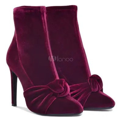 Bottines à talons en velours pour femmes bordeaux à bout rond talon aiguille de 4;7 "