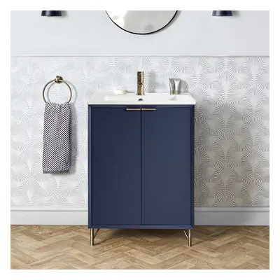 Meuble lavabo avec vasques - 60 cm – Bleu marine et poignées invisibles chromées - Edge