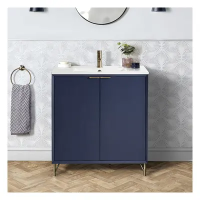 Meuble lavabo avec vasques - 80 cm – Bleu marine et poignées invisibles chromées - Edge