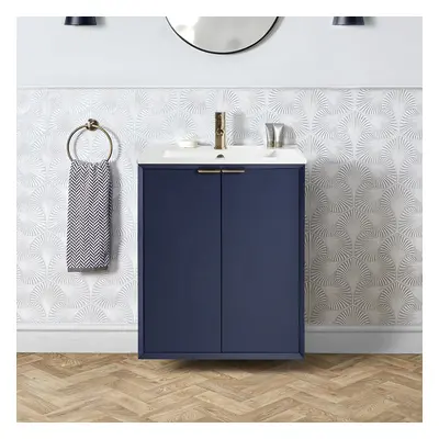 Meuble lavabo suspendu avec vasques - 60 cm – Bleu marine et poignée invisible chromée - Edge