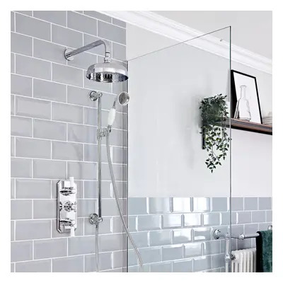 Kit de douche thermostatique rétro - Chromé et blanc - Kit douchette sur rampe – Sans pommeau et