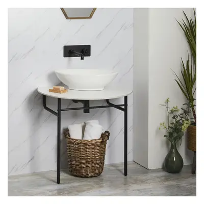 Lavabo console avec vasque ovale - Tablette blanche pieds noirs - Porte serviettes - Hudson Reed