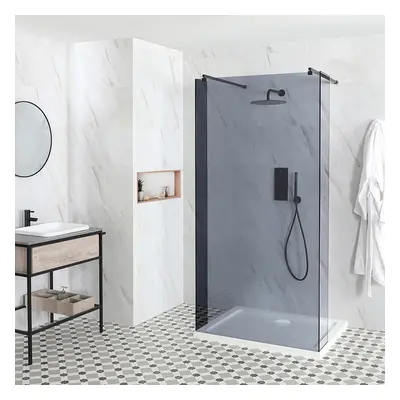 Douche italienne en îlot verre fumé - Avec receveur de douche blanc - 90 x 76 cm - Sans paroi de