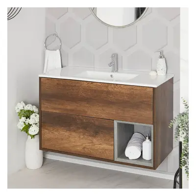 Meuble salle de bain chêne foncé avec vasque encastrée - 46,5 x 101cm - Sans option LED