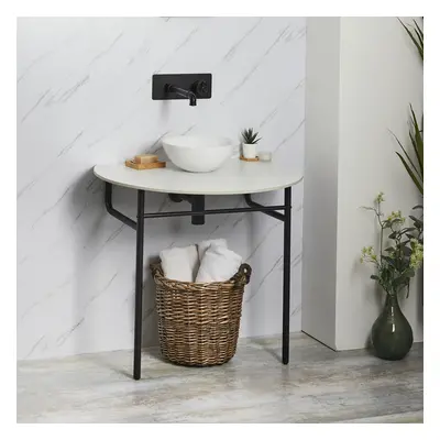 Lavabo console - Vasque ronde 28 cm - Table contemporaine pieds noir - Porte serviettes - Hudson