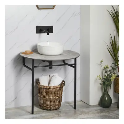 Console lavabo moderne - Tablette grise - Vasque ronde & socle pied noir - Hudson Reed