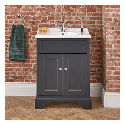 Meuble lave mains rétro – Gris clair – 40 cm – Avec lavabo blanc - Poignée ronde chromée - Thorn