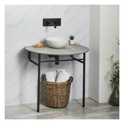 Lavabo console - Vasque ronde 28 cm - Table gris moderne pieds noir - Porte serviettes - Hudson 