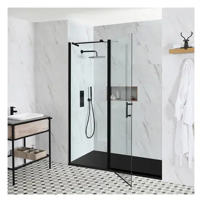 Porte de douche pivotante noire – Receveur de douche texturé anthracite – 90 cm x 80 cm – Nox