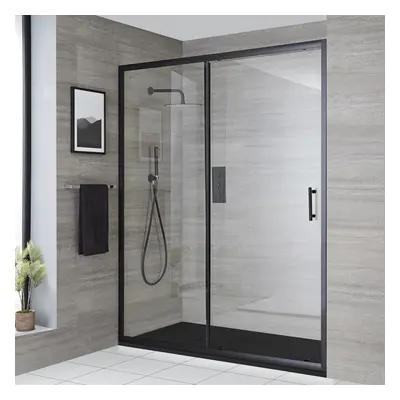 Porte de douche coulissante noire - Receveur texturé anthracite - 80 x 80 cm - Nox