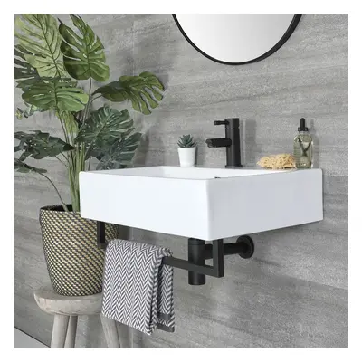 Lavabo Suspendu & Porte Serviettes - Vasque Lave Mains Mural Rectangulaire - WC - 60 x 42cm, chr