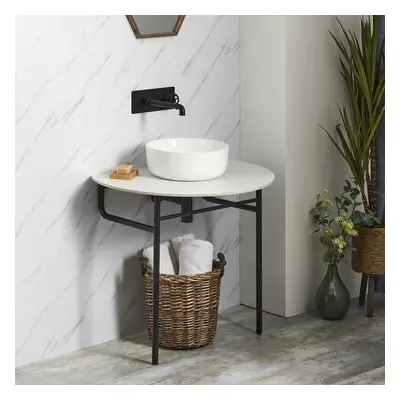 Console lavabo moderne - Tablette blanche - Vasque ronde & socle pied noir - Hudson Reed