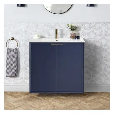 Meuble lavabo suspendu avec plan vasque - 80 cm – Bleu marine - Poignées invisibles chromées - E