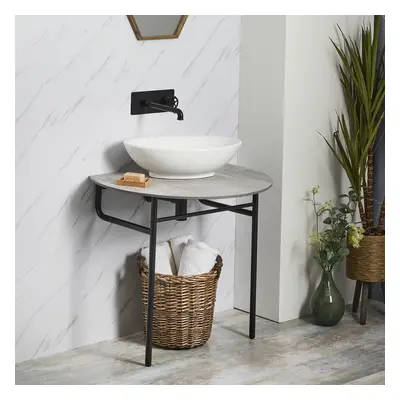 Lavabo console avec vasque ovale - Tablette grise pieds noirs - Porte serviettes - Hudson Reed