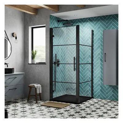 Cabine de Douche d'Angle - Porte Pivotante Noir - Verrière - Receveur Ultra Plat - Hudson Reed