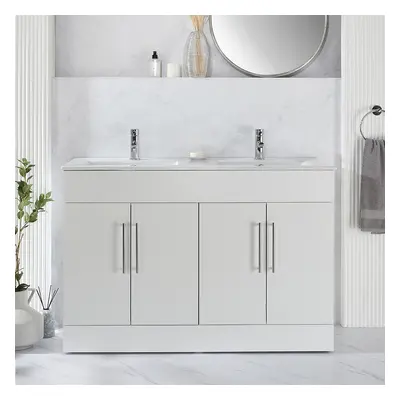 Meuble de salle de bain – 120 cm - Blanc - Avec double vasque - Avec poignées invisibles chromée