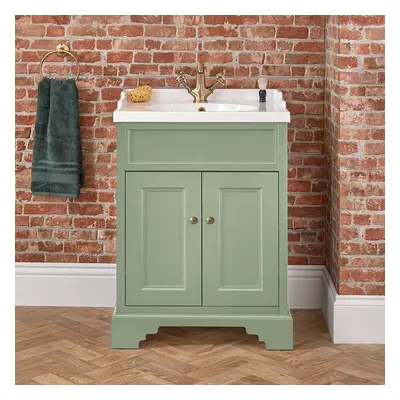 Meuble de salle de bain rétro – Vert pastel – 63 cm – Avec lavabo – Poignées rondes or brossé – 