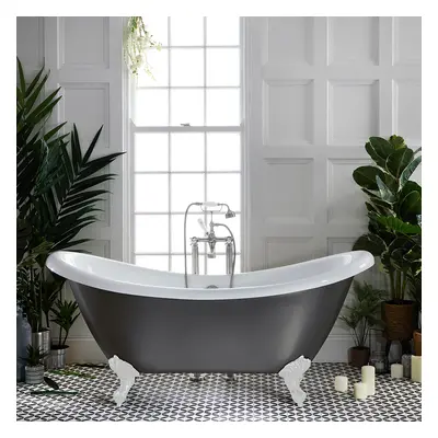 Baignoire îlot rétro - Double dos – 175 x 73 cm – Étain - Pieds blancs - Legend - Hudson Reed