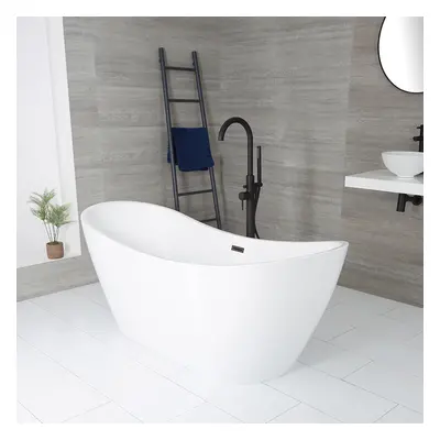 Baignoire îlot moderne ovale – Blanc – 183 cm x 71 cm – Trop-plein gris métallisé – Otterton