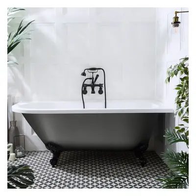 Baignoire semi-îlot d’angle droit - Design rétro – 168,5 x 75 cm – Étain - Pieds noirs - Legend 