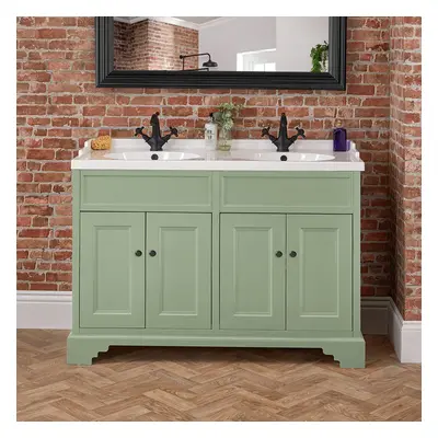 Meuble de salle de bain – Vert pastel – 121 cm – Double vasque - Poignées rondes noires – Thornt