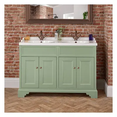 Meuble de salle de bain – Vert pastel – 121 cm – Double vasque - Poignées rondes bronze huilé – 