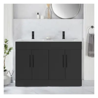 Meuble salle de bain – 120 cm – Gris noir – Double vasque – Poignées barre en T noires – Cluo - 