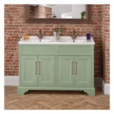 Meuble de salle de bain – Vert pastel – 121 cm – Double vasque - Poignées barre en T bronze huil